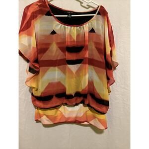 Style Co. Caftan Blouse W/Cami Sewn In, Sienna Coral Black Polyester Sz XL